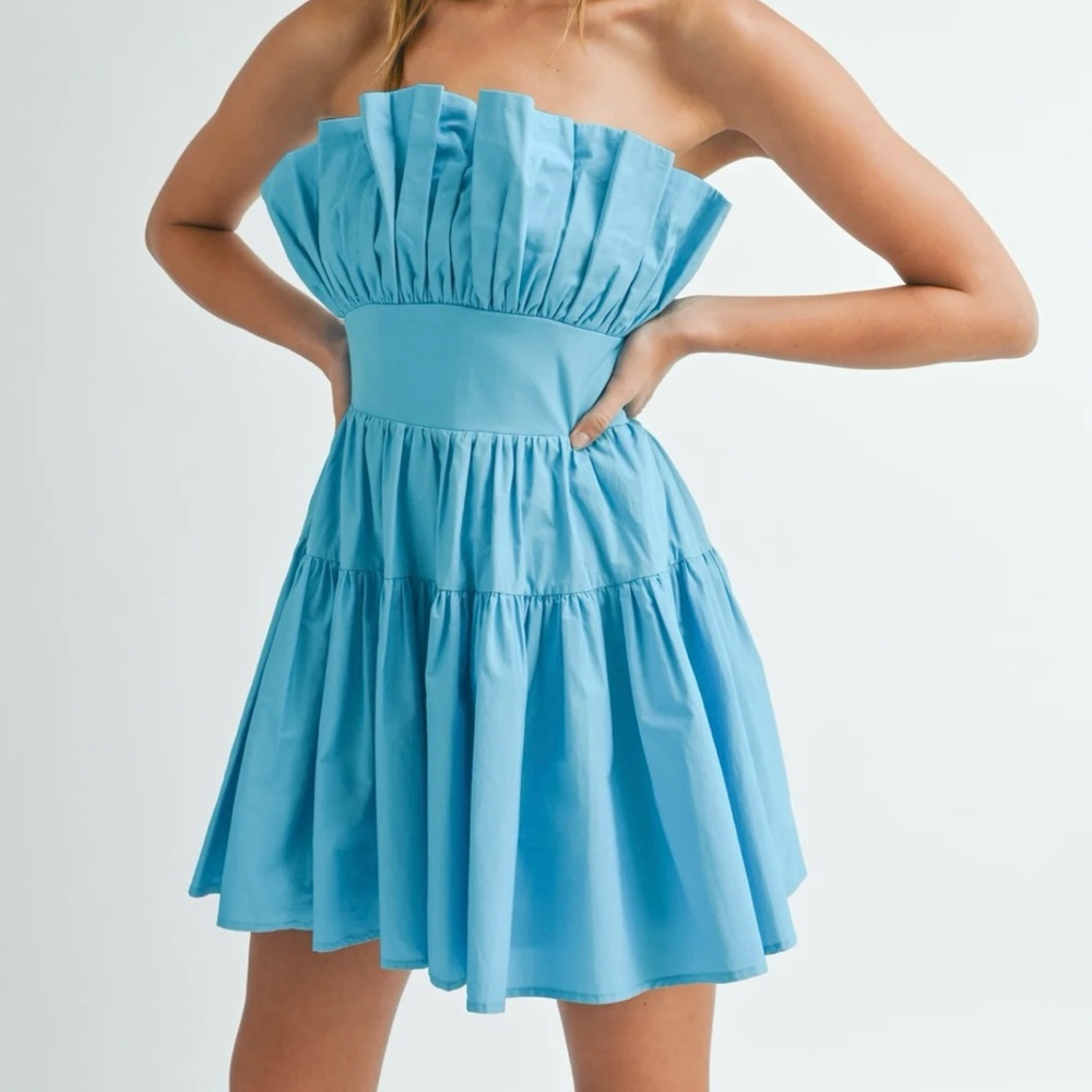 Strapless Blue Ruffle Dress